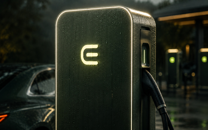 Charging pillar with the illuminated Electra mark in the rain