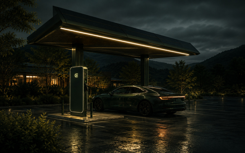 Electra station at night after rain